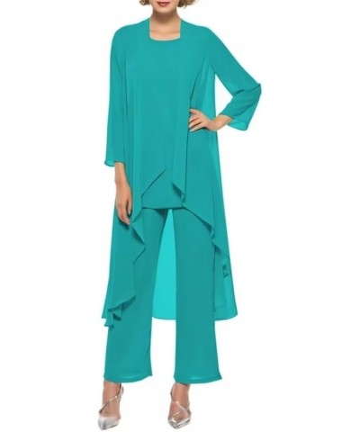 3 Pieces Mother of The Bride Dresses Pant Suits with Jackets Chiffon Outfit Set Formal Evening Gown Aqua $30.86 Suits