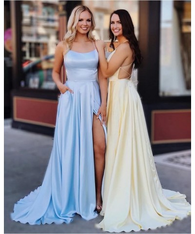 Split Formal Evening Gowns Spaghetti Straps Satin Prom Dresses Long with Pockets Womens Pink $24.20 Dresses