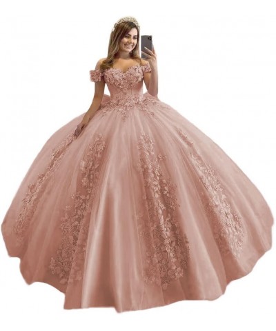 Women's Off Shoulder Quinceanera Dresses 3D Flower Puffy Ball Gown Lace Beaded Prom Dresses for Sweet 15 16 XY069 Dusty Rose ...