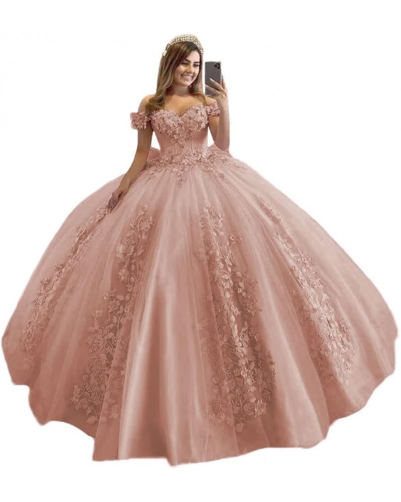 Women's Off Shoulder Quinceanera Dresses 3D Flower Puffy Ball Gown Lace Beaded Prom Dresses for Sweet 15 16 XY069 Dusty Rose ...