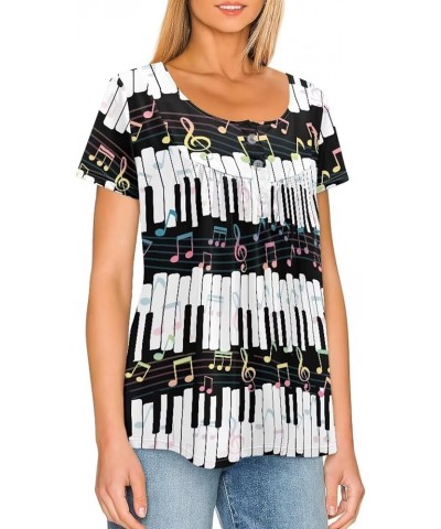 Rose Tunic Tops for Women Blue Rose Short Sleeve Flare T-Shirts Rose Flowers V-Neck Button Up Pleated Top Colorful Music Note...