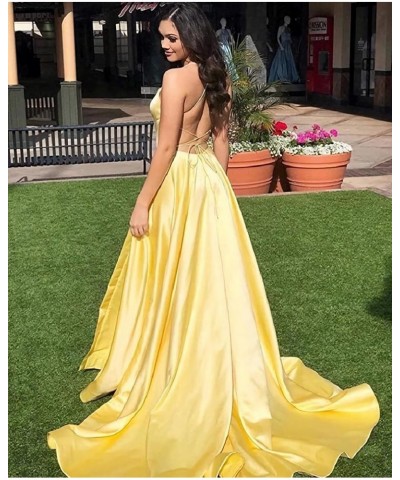 Split Formal Evening Gowns Spaghetti Straps Satin Prom Dresses Long with Pockets Womens Pink $24.20 Dresses