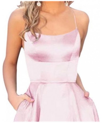 Split Formal Evening Gowns Spaghetti Straps Satin Prom Dresses Long with Pockets Womens Pink $24.20 Dresses