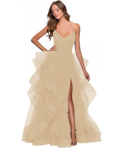 Spaghetti Straps Tulle Prom Dress with Split A Line V Neck Layers Evening Gowns Long for Women RS014 Champagne $35.07 Dresses