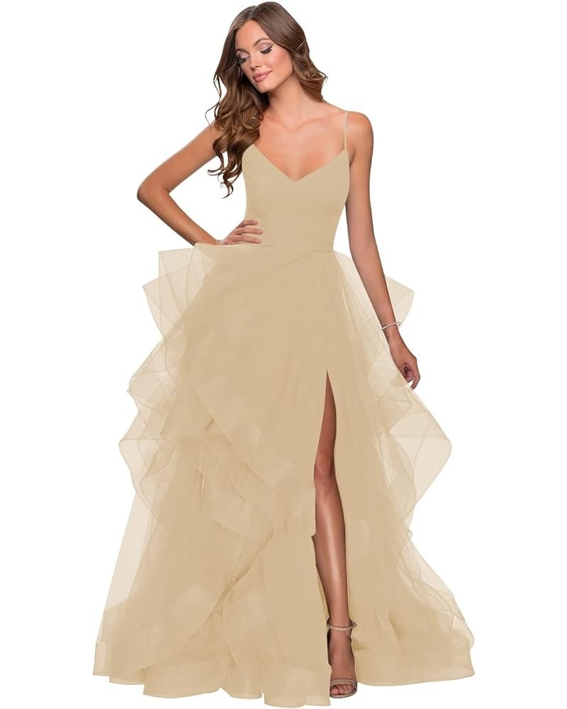 Spaghetti Straps Tulle Prom Dress with Split A Line V Neck Layers Evening Gowns Long for Women RS014 Champagne $35.07 Dresses