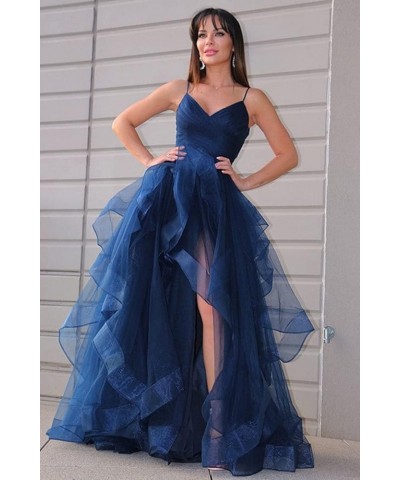 Spaghetti Straps Tulle Prom Dress with Split A Line V Neck Layers Evening Gowns Long for Women RS014 Champagne $35.07 Dresses