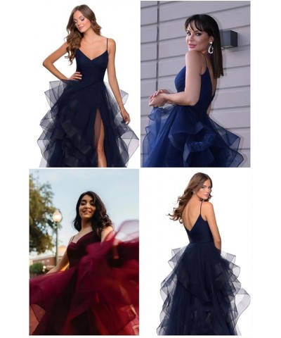 Spaghetti Straps Tulle Prom Dress with Split A Line V Neck Layers Evening Gowns Long for Women RS014 Champagne $35.07 Dresses