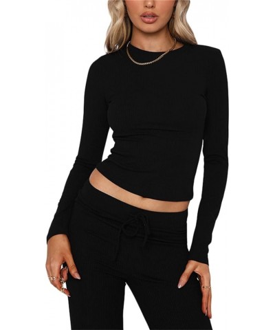 Women Basic Long Sleeve Crop Top Ribbed Knit Bodycon Fitted Crop Tees Casual Bottoming Shirt Blouse Ribbed Black $7.07 Tops