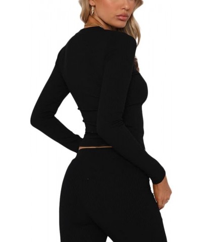 Women Basic Long Sleeve Crop Top Ribbed Knit Bodycon Fitted Crop Tees Casual Bottoming Shirt Blouse Ribbed Black $7.07 Tops