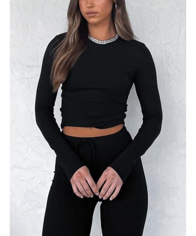 Women Basic Long Sleeve Crop Top Ribbed Knit Bodycon Fitted Crop Tees Casual Bottoming Shirt Blouse Ribbed Black $7.07 Tops