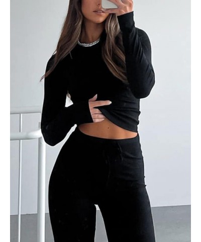 Women Basic Long Sleeve Crop Top Ribbed Knit Bodycon Fitted Crop Tees Casual Bottoming Shirt Blouse Ribbed Black $7.07 Tops