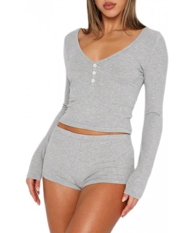 Women Knitted 2 Piece Outfits Pajamas Long Sleeve Slim Fit Shirt Top High Waist Shorts Y2k Lounge Sleepwear Set C Light Grey ...