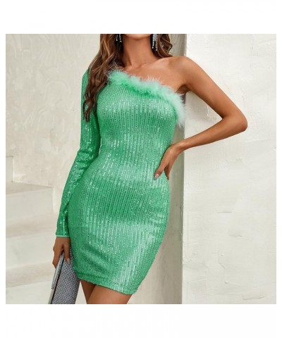 Women Sequin One-Shoulder Long Sleeve Bodycon Dress Fur-Trimmed Sparkly Evening Party Cocktail Dresses A-mint Green $18.45 Dr...