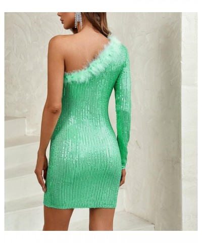 Women Sequin One-Shoulder Long Sleeve Bodycon Dress Fur-Trimmed Sparkly Evening Party Cocktail Dresses A-mint Green $18.45 Dr...