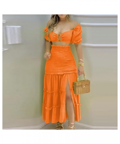 2 Piece Dress Outfits for Women Sexy Tropical Vacation Dress Puff Sleeve Flowy Beach Dress with Slit Summer Tiered Maxi Dress...