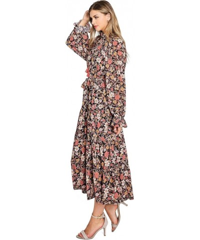 Women's Chiffon Bohemian Long Sleeve Mock Neck Dress Black $31.20 Dresses