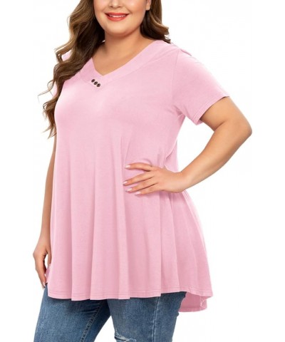 Womens Plus Size Short Sleeve V Neck Button Basic Tunic Tops Summer Swing Shirts Blouses for Leggings Pink $15.67 Tops