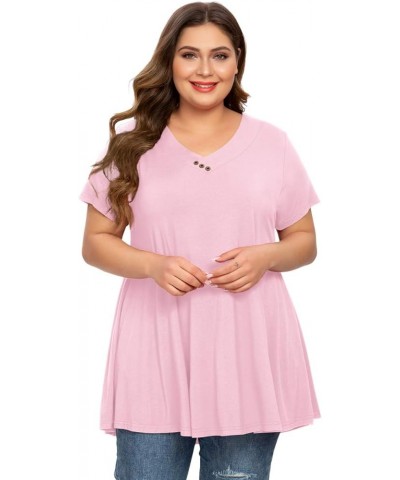 Womens Plus Size Short Sleeve V Neck Button Basic Tunic Tops Summer Swing Shirts Blouses for Leggings Pink $15.67 Tops