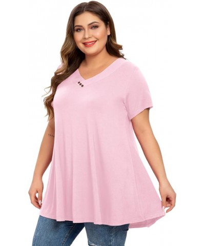 Womens Plus Size Short Sleeve V Neck Button Basic Tunic Tops Summer Swing Shirts Blouses for Leggings Pink $15.67 Tops