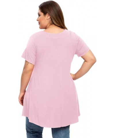 Womens Plus Size Short Sleeve V Neck Button Basic Tunic Tops Summer Swing Shirts Blouses for Leggings Pink $15.67 Tops