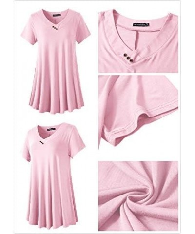 Womens Plus Size Short Sleeve V Neck Button Basic Tunic Tops Summer Swing Shirts Blouses for Leggings Pink $15.67 Tops