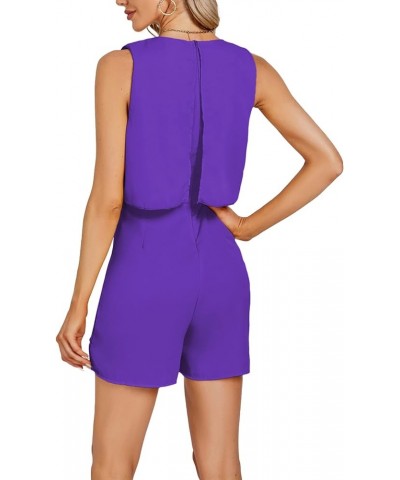 Women's Halter Neck Layered Ruffle Hem Sleeveless Romper Shorts Jumpsuit Purple $18.13 Rompers