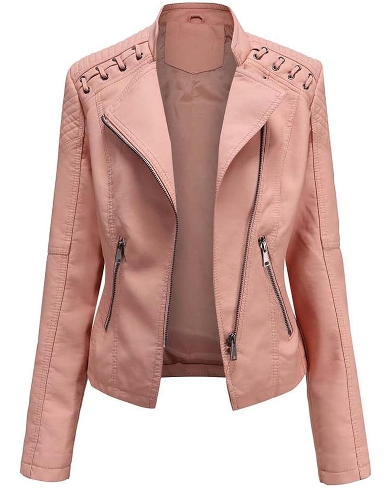 Women Leather Jacket Zip Snap Stand Collar Long Sleeve Outwear Cool Slim Jacket Coat for Vacation Daily Womens De E-pink $27....