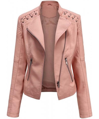 Women Leather Jacket Zip Snap Stand Collar Long Sleeve Outwear Cool Slim Jacket Coat for Vacation Daily Womens De E-pink $27....