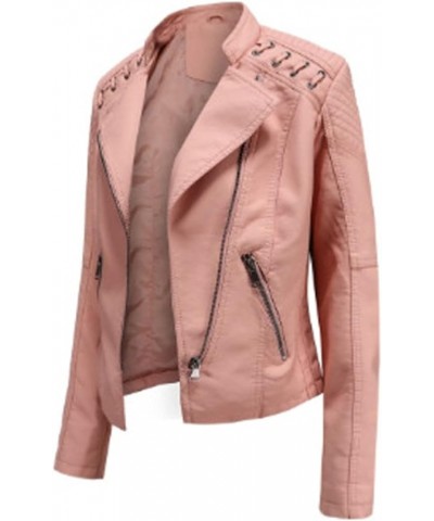 Women Leather Jacket Zip Snap Stand Collar Long Sleeve Outwear Cool Slim Jacket Coat for Vacation Daily Womens De E-pink $27....