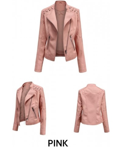 Women Leather Jacket Zip Snap Stand Collar Long Sleeve Outwear Cool Slim Jacket Coat for Vacation Daily Womens De E-pink $27....