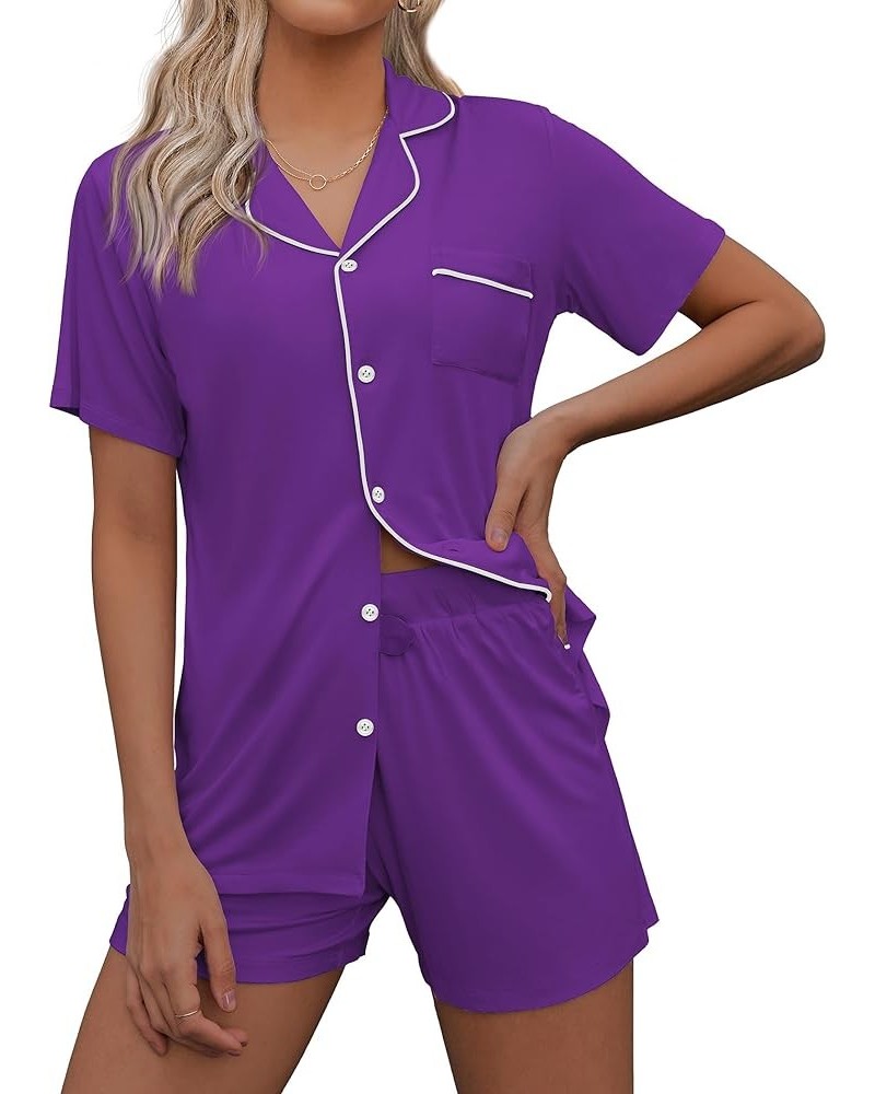 Pajamas Set for Women Short Sleeve Sleepwear Notch Collar Button Down Nightwear Soft Pjs Lounge Set Wineberry $17.48 Sleep & ...