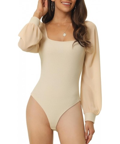 Women's Long Sleeve Bodysuit Off shoulder Square Neck Slim Fit Leotard Dressy Romper Jumpsuit Apricot $16.73 Bodysuits