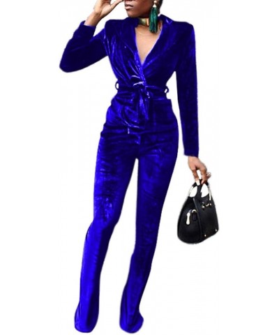 Women Velvet 2 Piece Outfit Open Front Long Sleeve Blazer Jacket and Flare Pants Business Set Blue $27.49 Suits