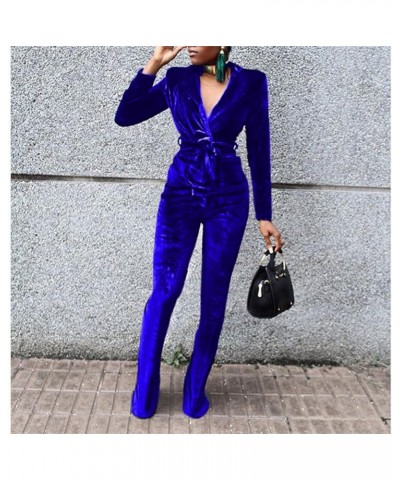 Women Velvet 2 Piece Outfit Open Front Long Sleeve Blazer Jacket and Flare Pants Business Set Blue $27.49 Suits