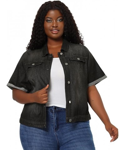 Women's Plus Size Denim Jacket Button Front Work Crop Jean Short Sleeves Jackets 2024 Black $27.26 Jackets