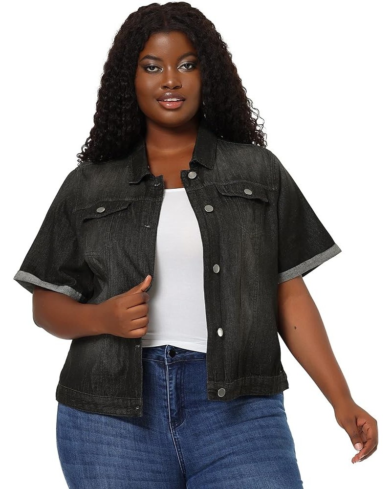 Women's Plus Size Denim Jacket Button Front Work Crop Jean Short Sleeves Jackets 2024 Black $27.26 Jackets