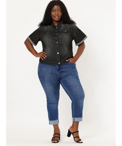 Women's Plus Size Denim Jacket Button Front Work Crop Jean Short Sleeves Jackets 2024 Black $27.26 Jackets