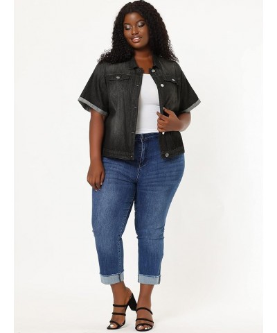 Women's Plus Size Denim Jacket Button Front Work Crop Jean Short Sleeves Jackets 2024 Black $27.26 Jackets