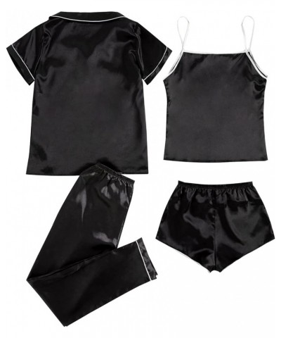 Women's Silk Satin Pajama Set 4 Pieces Sleepwear Loungewear Pj Sets Satin Black $19.03 Sleep & Lounge