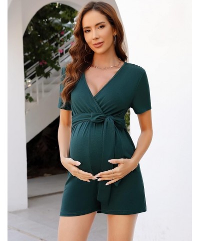 Maternity Jumpsuit Women's V Neck Short Sleeve Casual Jumpsuit High Waist Nursing Romper with Belt Green $16.32 Rompers