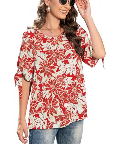 Women's Summer Casual Knot Cuff Chiffon Blouse Short Sleeve Loose Top Shirts Xing Red $11.39 Blouses