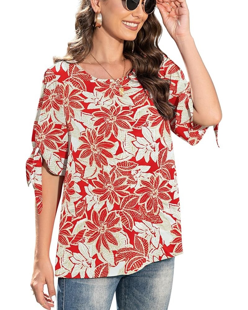 Women's Summer Casual Knot Cuff Chiffon Blouse Short Sleeve Loose Top Shirts Xing Red $11.39 Blouses