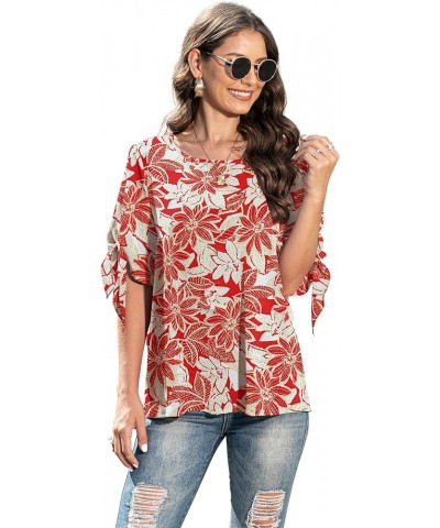 Women's Summer Casual Knot Cuff Chiffon Blouse Short Sleeve Loose Top Shirts Xing Red $11.39 Blouses