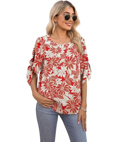 Women's Summer Casual Knot Cuff Chiffon Blouse Short Sleeve Loose Top Shirts Xing Red $11.39 Blouses