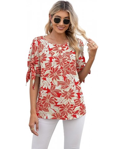 Women's Summer Casual Knot Cuff Chiffon Blouse Short Sleeve Loose Top Shirts Xing Red $11.39 Blouses