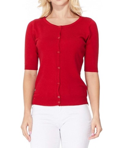 Women's Knit Cardigan Sweater – Short Half Sleeve Crewneck Basic Classic Casual Button Down Soft Lightweight Top Red $11.97 S...