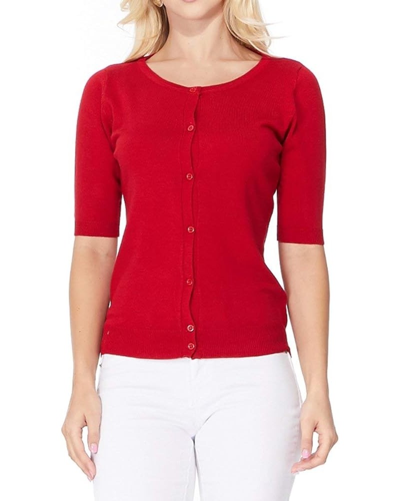 Women's Knit Cardigan Sweater – Short Half Sleeve Crewneck Basic Classic Casual Button Down Soft Lightweight Top Red $11.97 S...