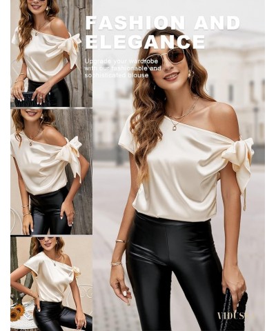 Women's Off Shoulder Silk Tops Casual Short Sleeve Asymmetrical Neck Satin Blouse Shirts Champagne $16.23 Blouses