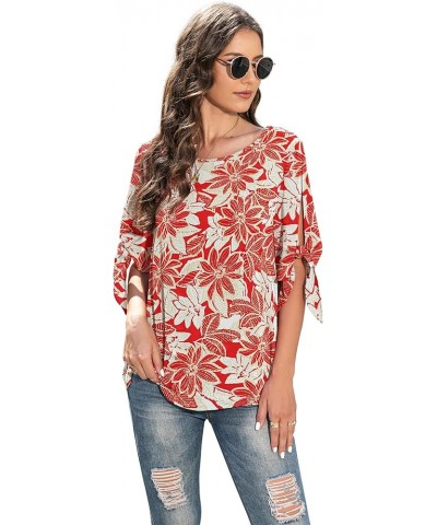 Women's Summer Casual Knot Cuff Chiffon Blouse Short Sleeve Loose Top Shirts Xing Red $11.39 Blouses