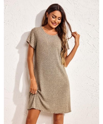 Women's Nightgown Short Sleeve Sleepshirt Rib Knit Scoopneck Soft Sleepwear Pajama Dress S-XXL Khaki $10.59 Sleep & Lounge